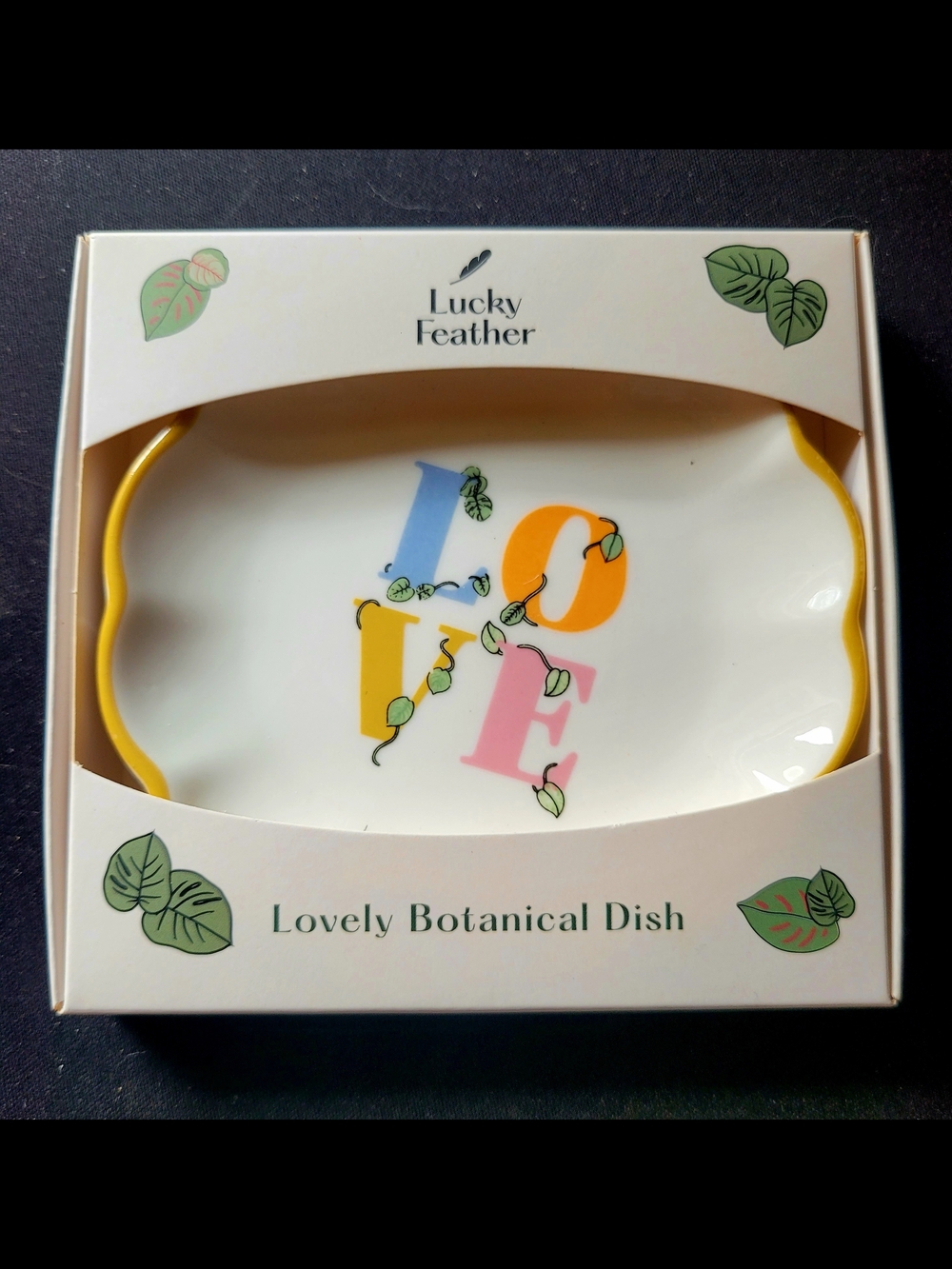 Lucky Feather Lovely Botanical Dish — White with Yellow Trim